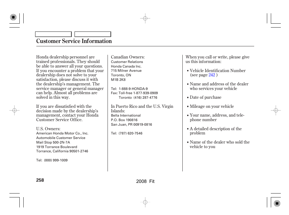 Customer service information | HONDA 2008 Fit - Owner's Manual User Manual | Page 261 / 280