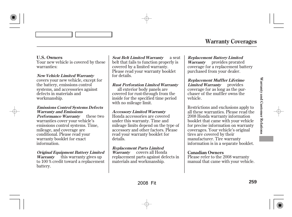 Warranty coverages | HONDA 2008 Fit - Owner's Manual User Manual | Page 262 / 280