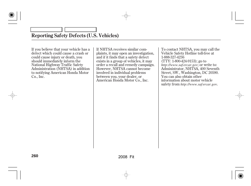 Reporting safety defects (u.s. vehicles) | HONDA 2008 Fit - Owner's Manual User Manual | Page 263 / 280