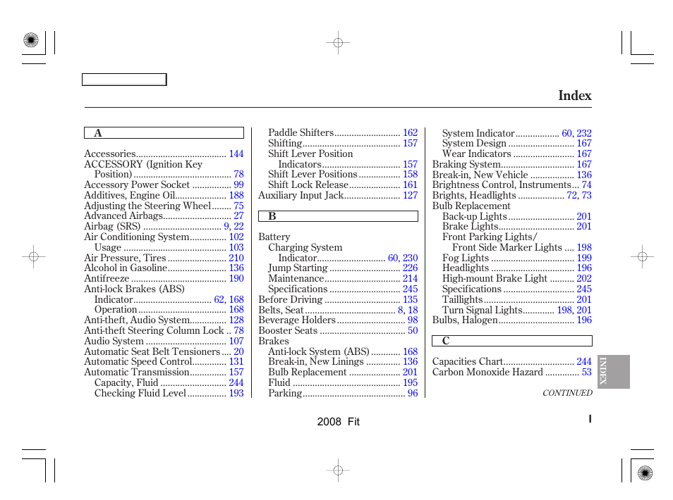 Index | HONDA 2008 Fit - Owner's Manual User Manual | Page 266 / 280