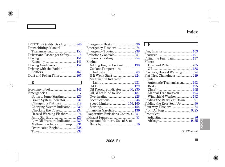 Index | HONDA 2008 Fit - Owner's Manual User Manual | Page 268 / 280