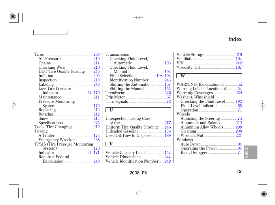 Index | HONDA 2008 Fit - Owner's Manual User Manual | Page 274 / 280