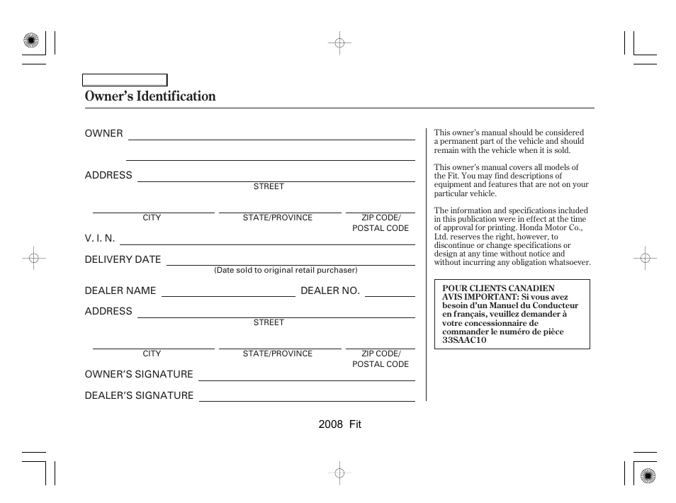 Owner’s identification | HONDA 2008 Fit - Owner's Manual User Manual | Page 280 / 280