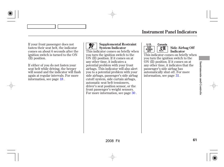 Instrument panel indicators | HONDA 2008 Fit - Owner's Manual User Manual | Page 64 / 280