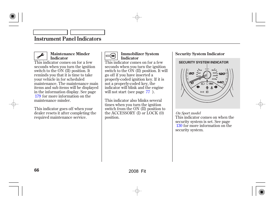 Instrument panel indicators | HONDA 2008 Fit - Owner's Manual User Manual | Page 69 / 280