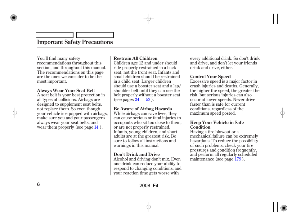 Important safety precautions | HONDA 2008 Fit - Owner's Manual User Manual | Page 9 / 280