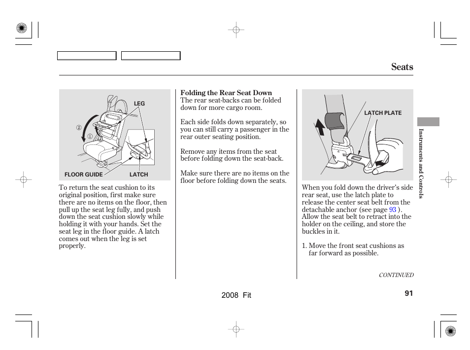 Seats | HONDA 2008 Fit - Owner's Manual User Manual | Page 94 / 280