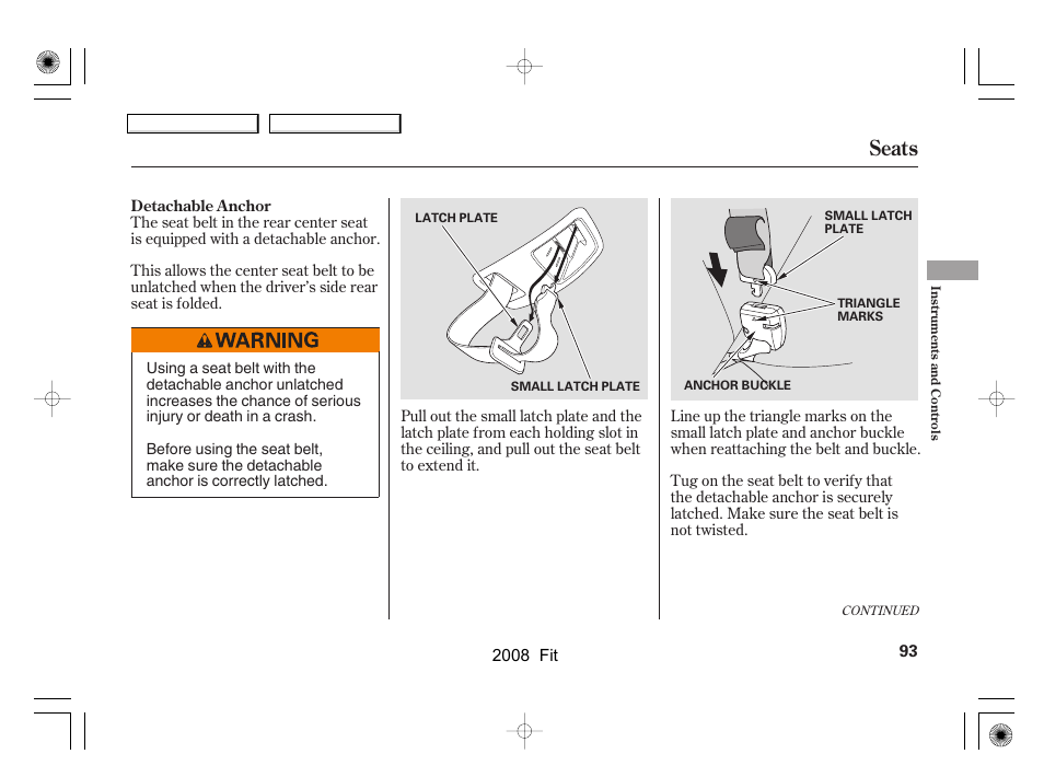 Seats | HONDA 2008 Fit - Owner's Manual User Manual | Page 96 / 280