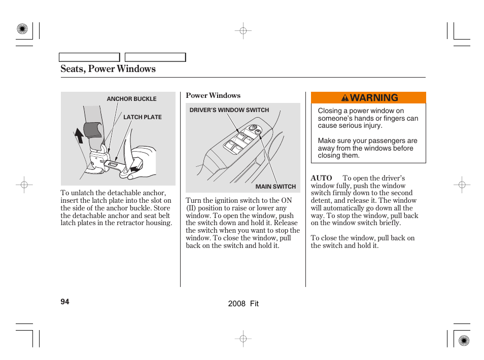 Seats, power windows | HONDA 2008 Fit - Owner's Manual User Manual | Page 97 / 280