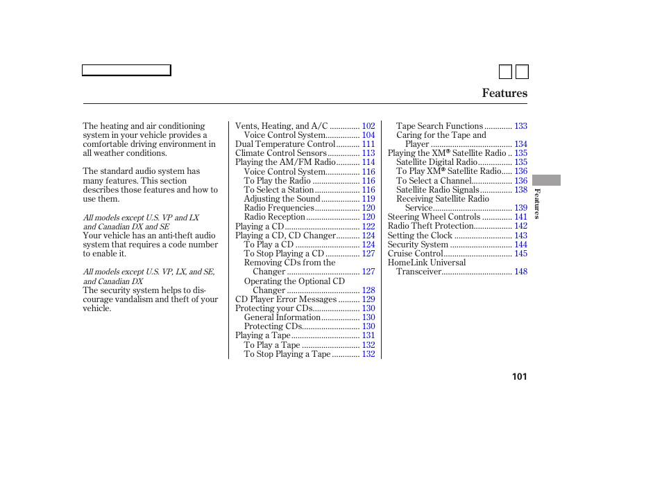 Ac070703indxa, Features | HONDA 2007 Accord Sedan - Owner's Manual User Manual | Page 102 / 293