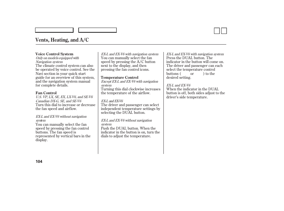 Vents, heating, and a/c | HONDA 2007 Accord Sedan - Owner's Manual User Manual | Page 105 / 293