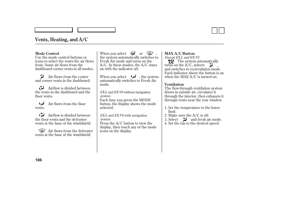 Vents, heating, and a/c | HONDA 2007 Accord Sedan - Owner's Manual User Manual | Page 107 / 293