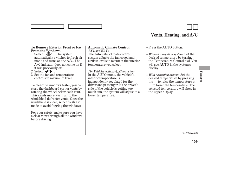 Vents, heating, and a/c | HONDA 2007 Accord Sedan - Owner's Manual User Manual | Page 110 / 293