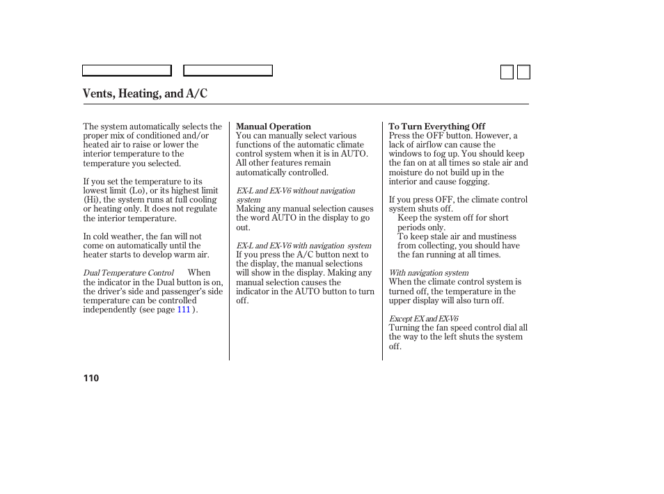 Vents, heating, and a/c | HONDA 2007 Accord Sedan - Owner's Manual User Manual | Page 111 / 293