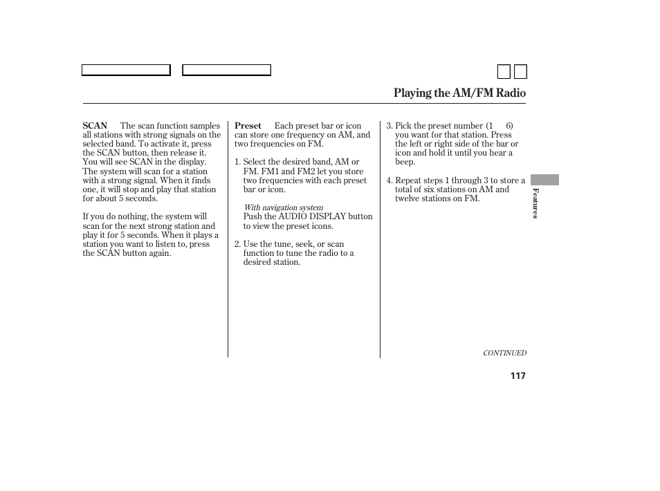 Playing the am/fm radio | HONDA 2007 Accord Sedan - Owner's Manual User Manual | Page 118 / 293