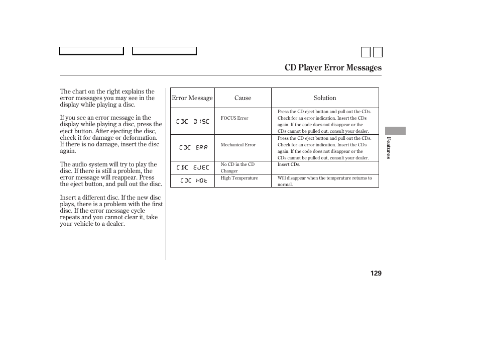 Cd player error messages | HONDA 2007 Accord Sedan - Owner's Manual User Manual | Page 130 / 293