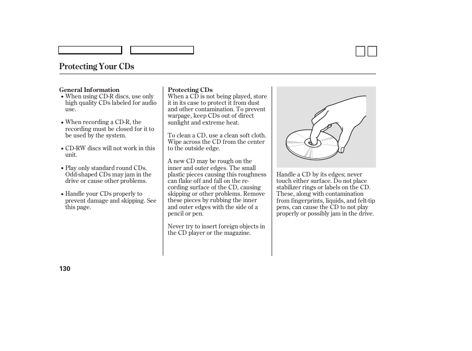 Ac0707o00130a, Protecting your cds | HONDA 2007 Accord Sedan - Owner's Manual User Manual | Page 131 / 293