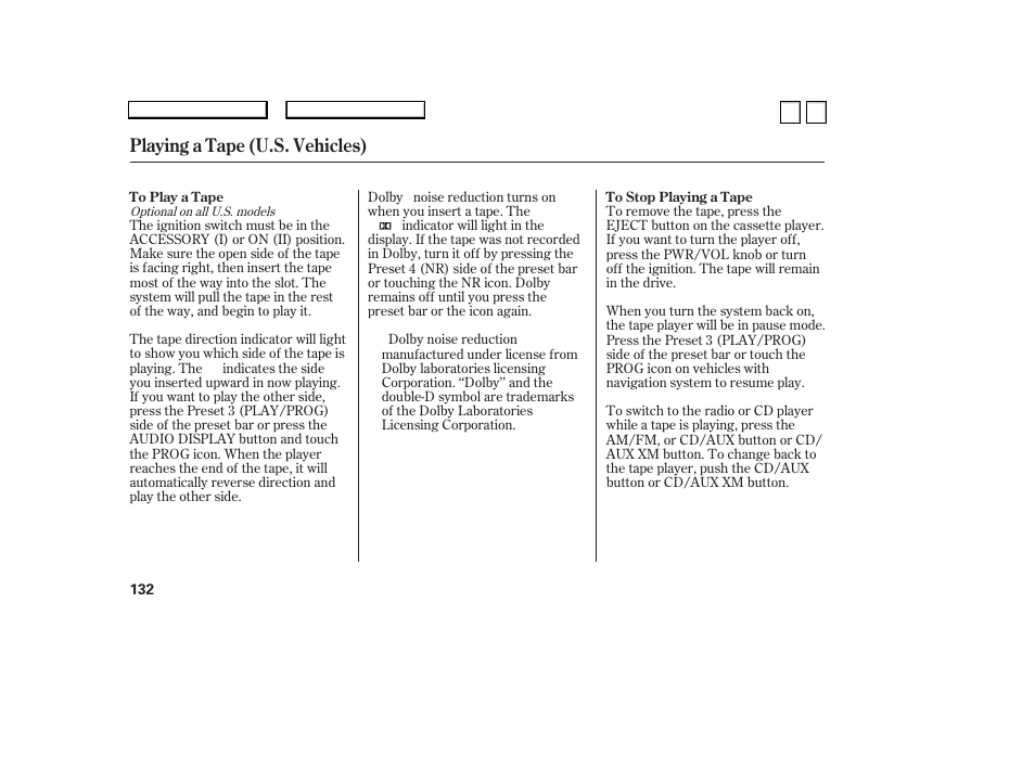 Playing a tape (u.s. vehicles) | HONDA 2007 Accord Sedan - Owner's Manual User Manual | Page 133 / 293