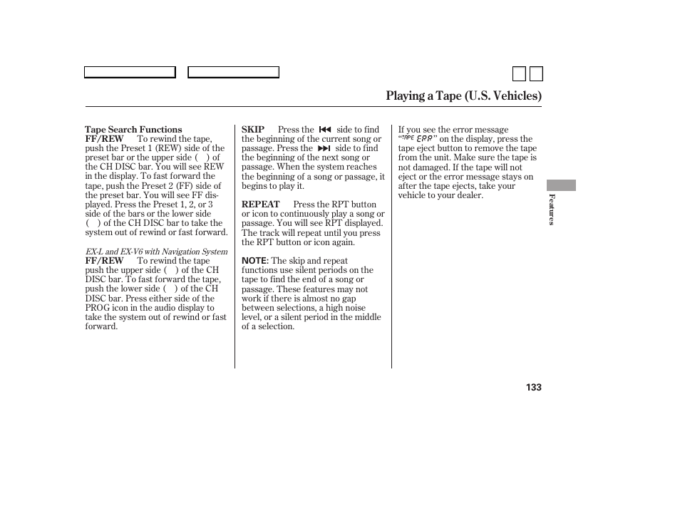 Playing a tape (u.s. vehicles) | HONDA 2007 Accord Sedan - Owner's Manual User Manual | Page 134 / 293