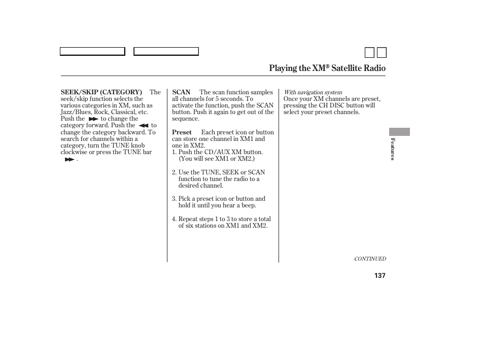 Playing the xm satellite radio | HONDA 2007 Accord Sedan - Owner's Manual User Manual | Page 138 / 293