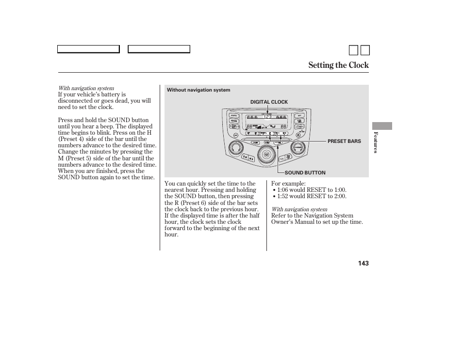 Setting the clock | HONDA 2007 Accord Sedan - Owner's Manual User Manual | Page 144 / 293