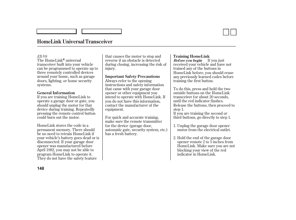 Homelink universal transceiver | HONDA 2007 Accord Sedan - Owner's Manual User Manual | Page 149 / 293