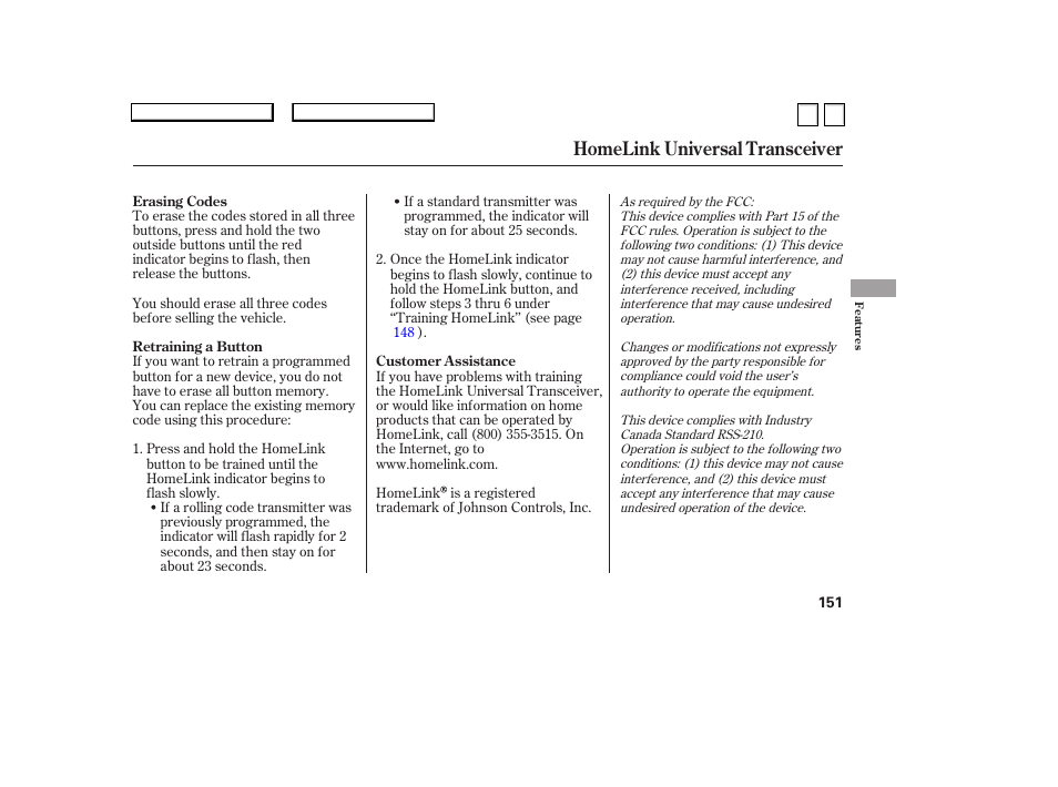 Homelink universal transceiver | HONDA 2007 Accord Sedan - Owner's Manual User Manual | Page 152 / 293