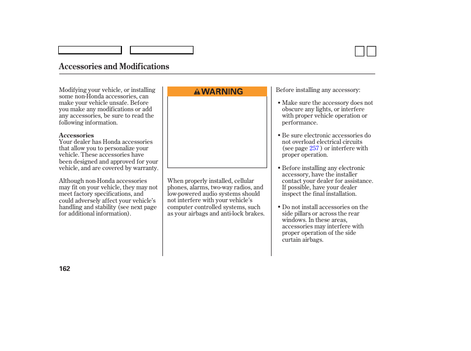 Accessories and modifications | HONDA 2007 Accord Sedan - Owner's Manual User Manual | Page 163 / 293