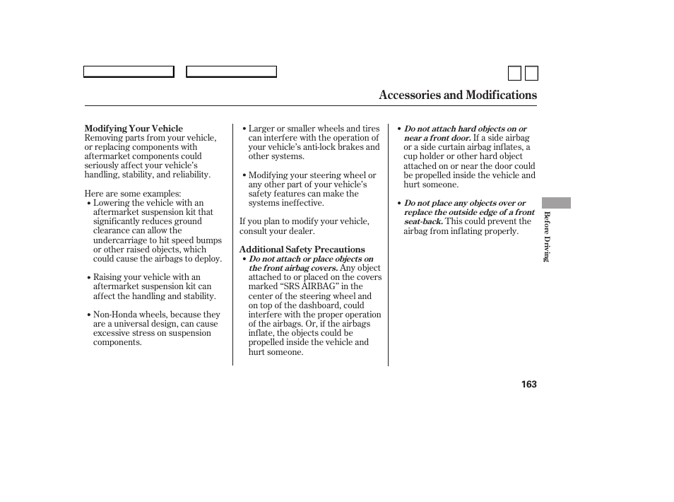 Accessories and modifications | HONDA 2007 Accord Sedan - Owner's Manual User Manual | Page 164 / 293