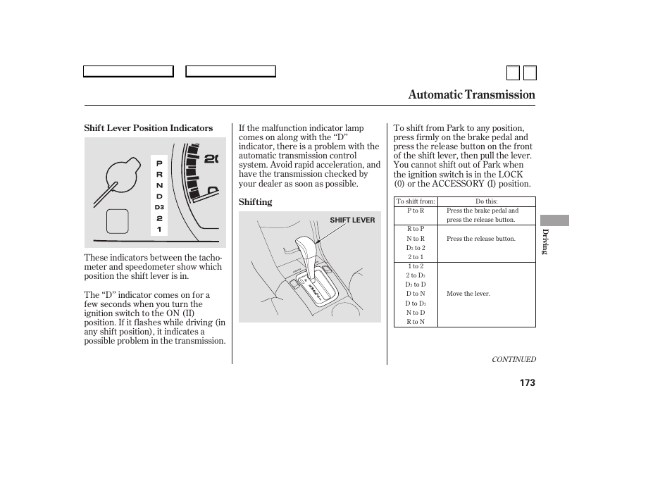 Automatic transmission | HONDA 2007 Accord Sedan - Owner's Manual User Manual | Page 174 / 293