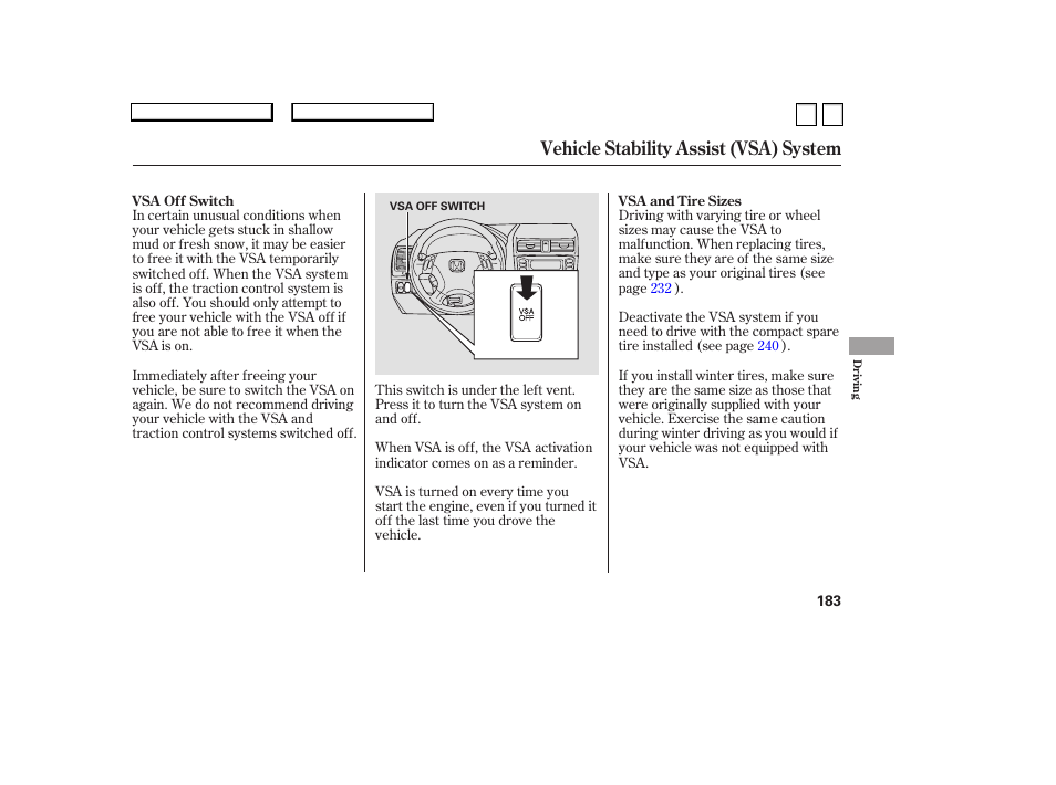 Ac0707o00183a, Vehicle stability assist (vsa) system | HONDA 2007 Accord Sedan - Owner's Manual User Manual | Page 184 / 293