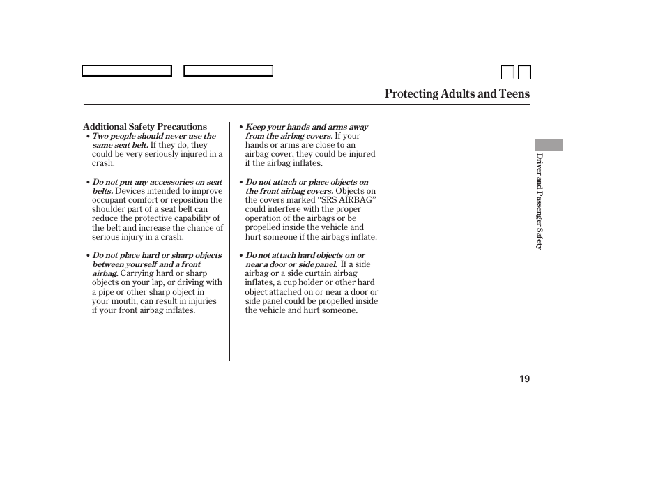 Protecting adults and teens | HONDA 2007 Accord Sedan - Owner's Manual User Manual | Page 20 / 293