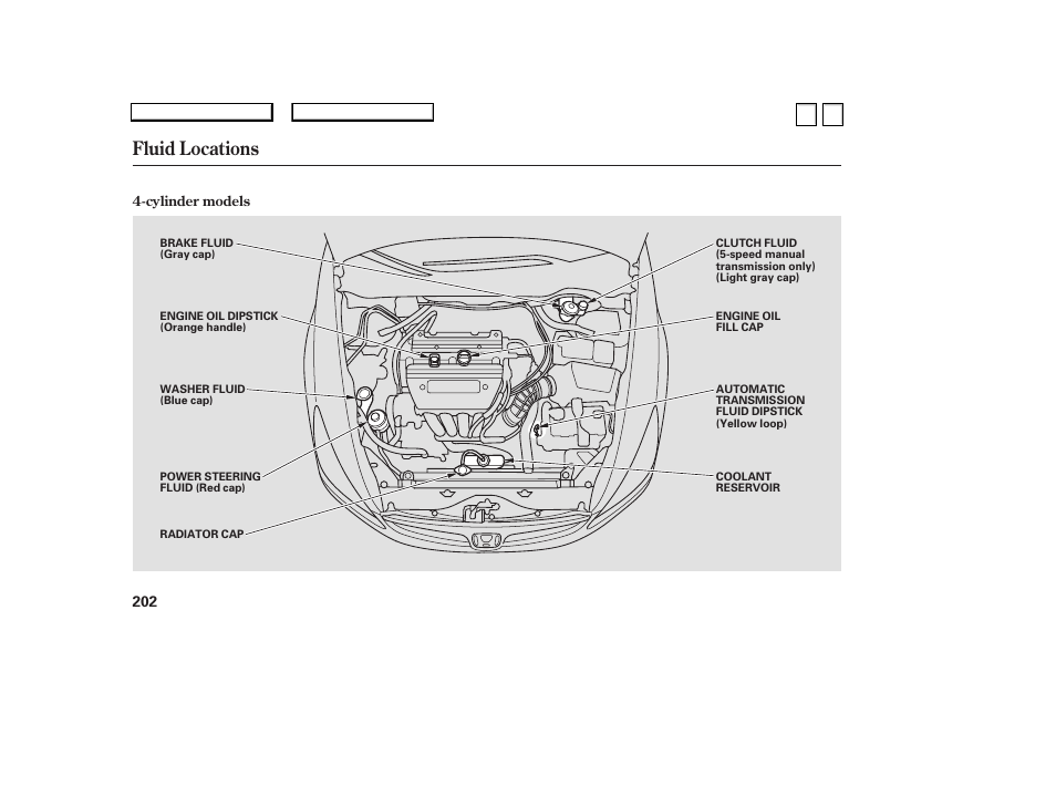 Fluid locations | HONDA 2007 Accord Sedan - Owner's Manual User Manual | Page 203 / 293