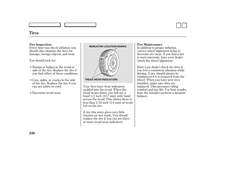 Ac0707o00230a, Tires | HONDA 2007 Accord Sedan - Owner's Manual User Manual | Page 231 / 293