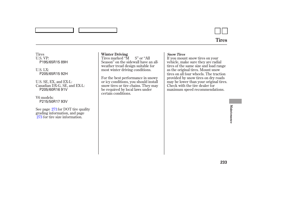 Tires | HONDA 2007 Accord Sedan - Owner's Manual User Manual | Page 234 / 293