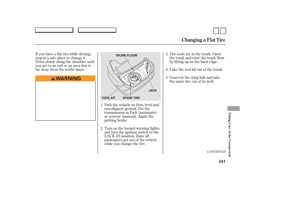 Changing a flat tire | HONDA 2007 Accord Sedan - Owner's Manual User Manual | Page 242 / 293