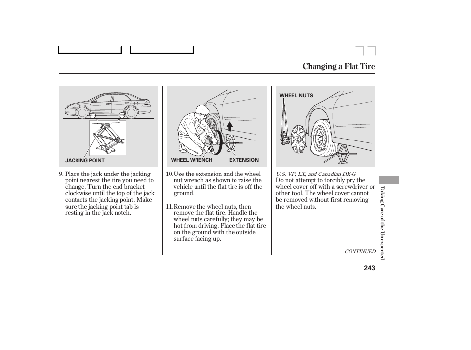 Changing a flat tire | HONDA 2007 Accord Sedan - Owner's Manual User Manual | Page 244 / 293