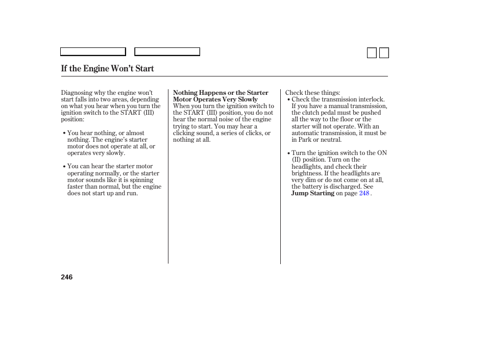 If the engine won’t start | HONDA 2007 Accord Sedan - Owner's Manual User Manual | Page 247 / 293