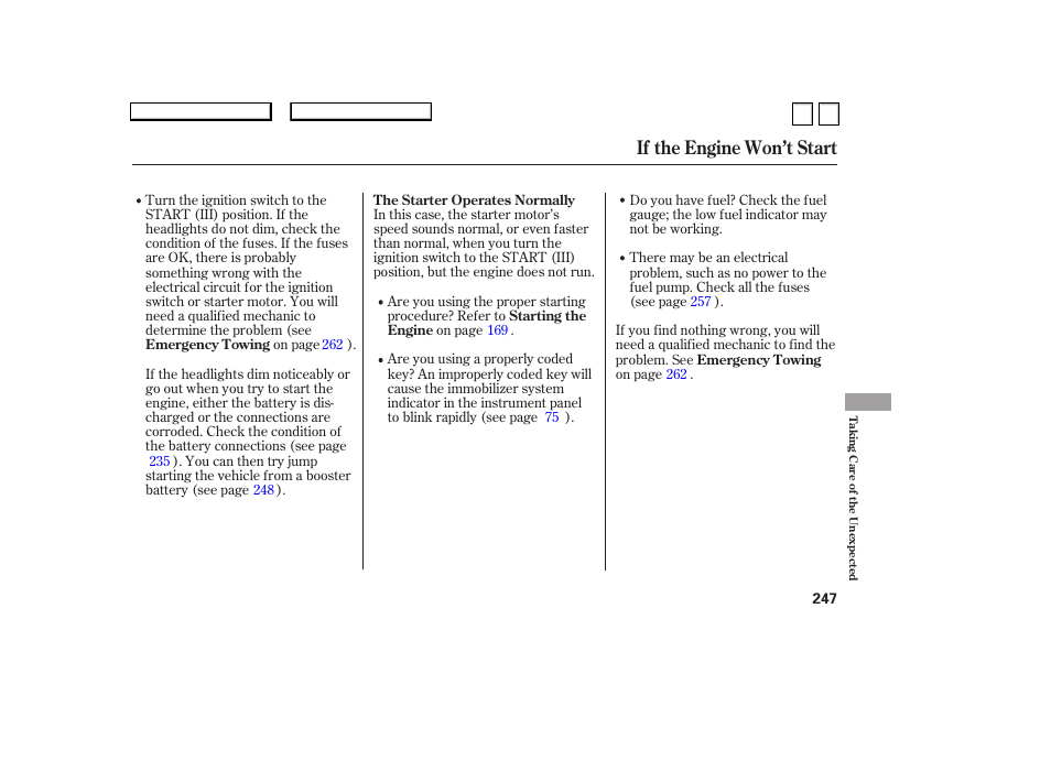 If the engine won’t start | HONDA 2007 Accord Sedan - Owner's Manual User Manual | Page 248 / 293