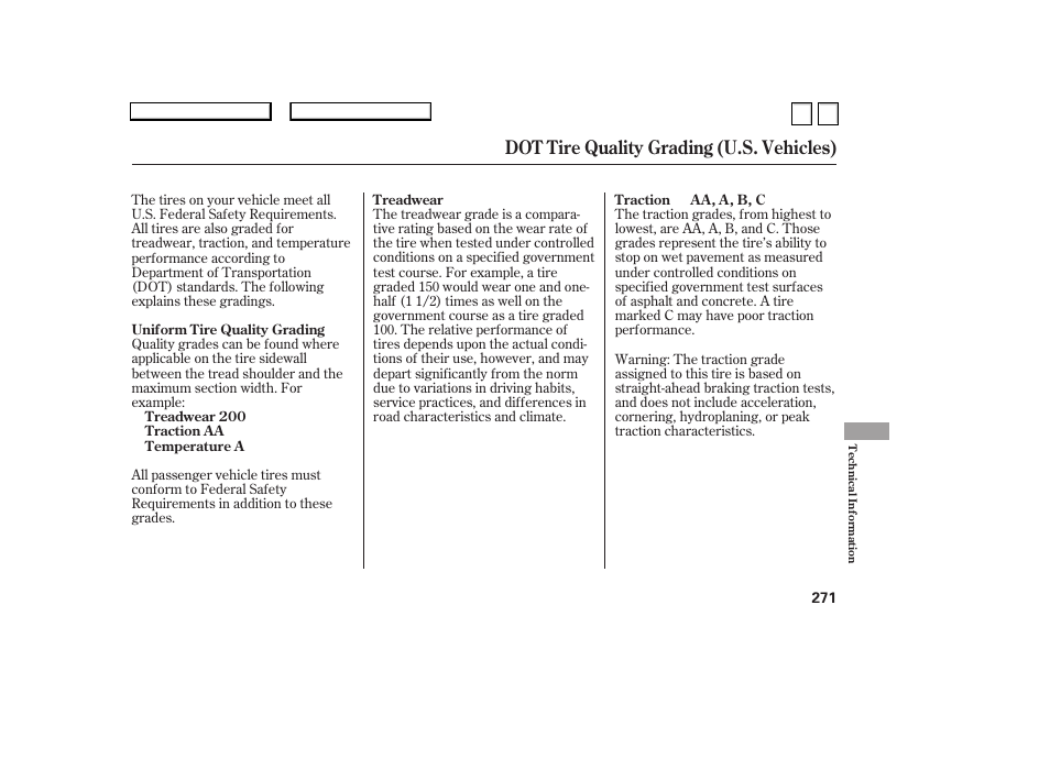 Dot tire quality grading (u.s. vehicles) | HONDA 2007 Accord Sedan - Owner's Manual User Manual | Page 272 / 293