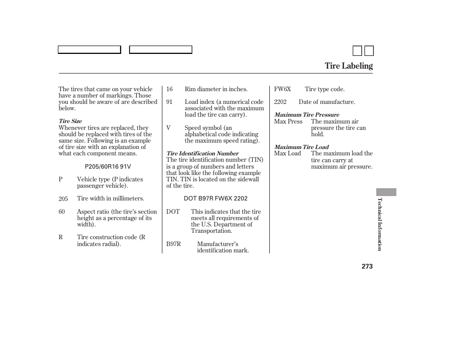 Ac0707o00273a, Tire labeling | HONDA 2007 Accord Sedan - Owner's Manual User Manual | Page 274 / 293