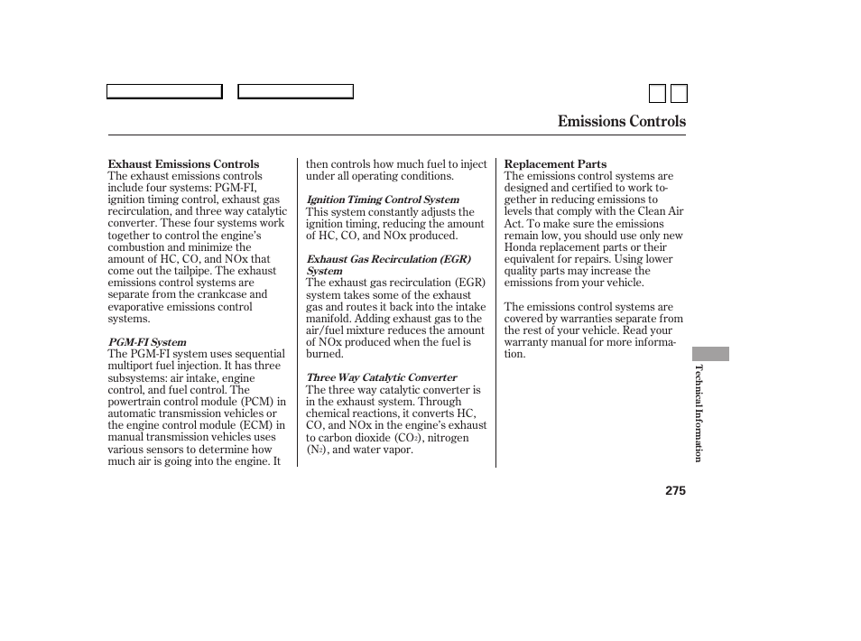 Emissions controls | HONDA 2007 Accord Sedan - Owner's Manual User Manual | Page 276 / 293