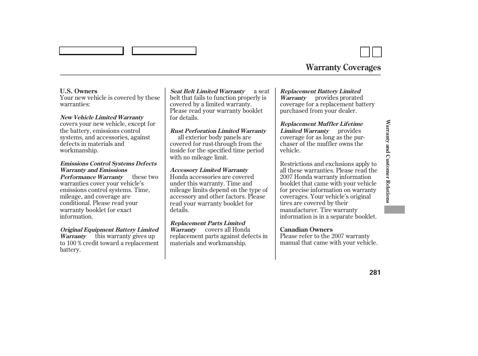 Warranty coverages | HONDA 2007 Accord Sedan - Owner's Manual User Manual | Page 282 / 293