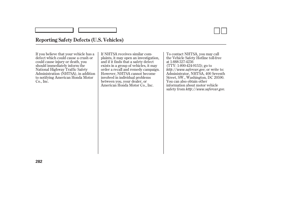 Reporting safety defects (u.s. vehicles) | HONDA 2007 Accord Sedan - Owner's Manual User Manual | Page 283 / 293