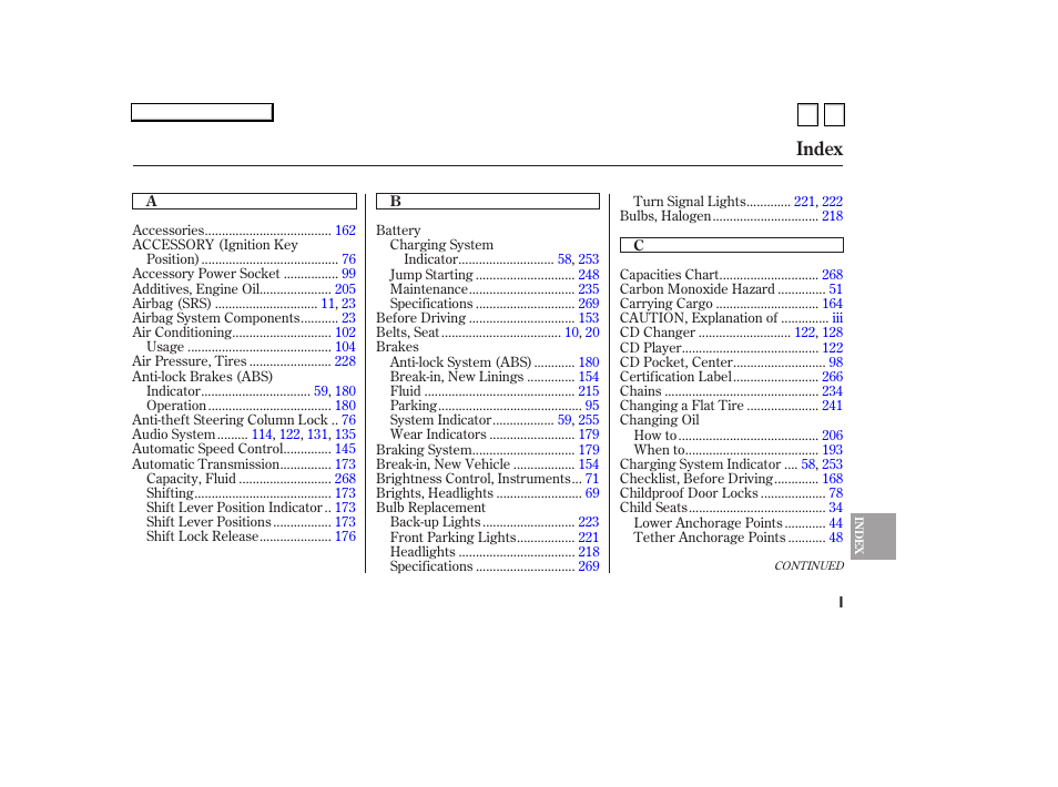 Ac070700indxa, Index | HONDA 2007 Accord Sedan - Owner's Manual User Manual | Page 286 / 293