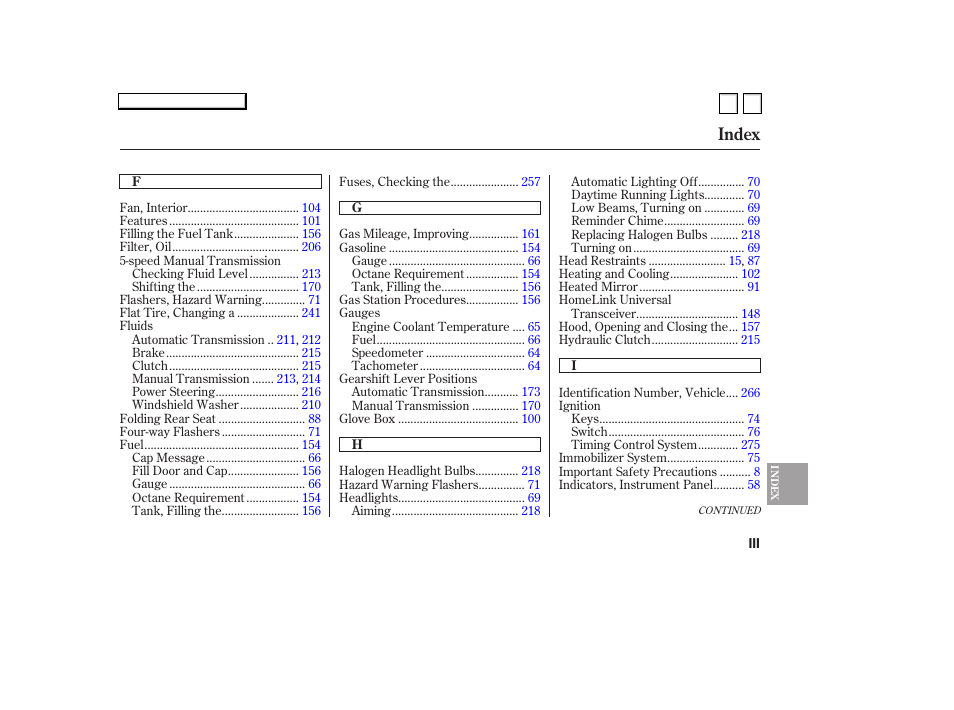 Index | HONDA 2007 Accord Sedan - Owner's Manual User Manual | Page 288 / 293