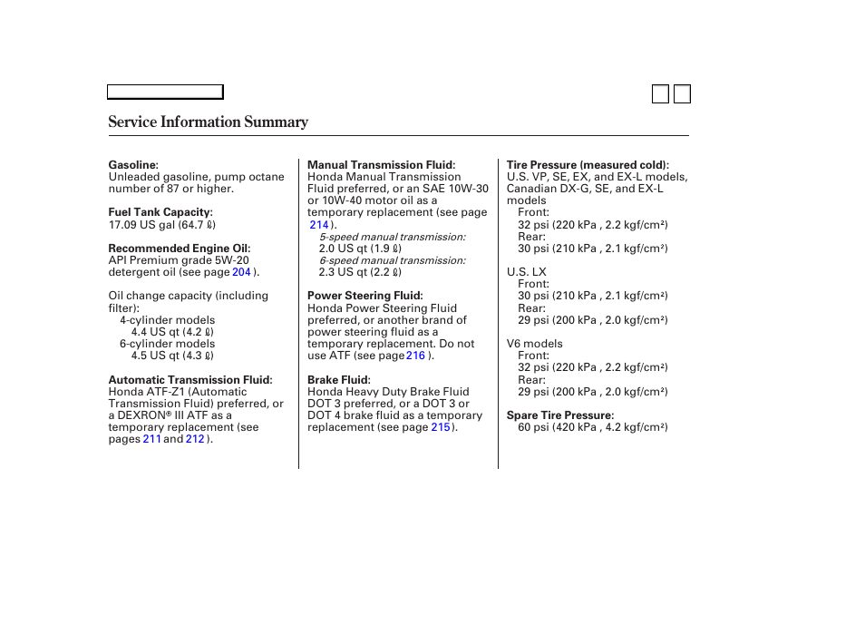 Service information summary | HONDA 2007 Accord Sedan - Owner's Manual User Manual | Page 293 / 293