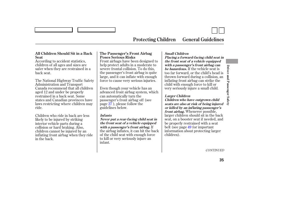 Protecting children general guidelines | HONDA 2007 Accord Sedan - Owner's Manual User Manual | Page 36 / 293