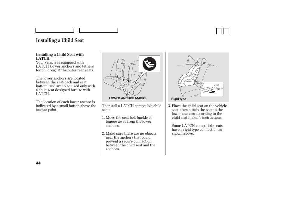 Installing a child seat | HONDA 2007 Accord Sedan - Owner's Manual User Manual | Page 45 / 293