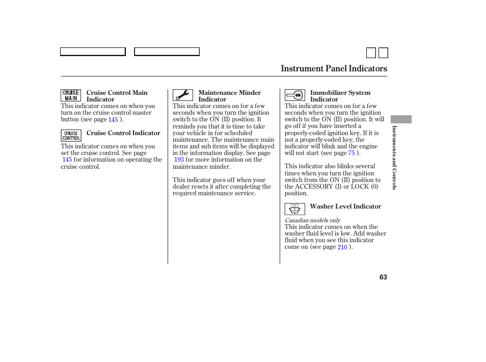 Instrument panel indicators | HONDA 2007 Accord Sedan - Owner's Manual User Manual | Page 64 / 293